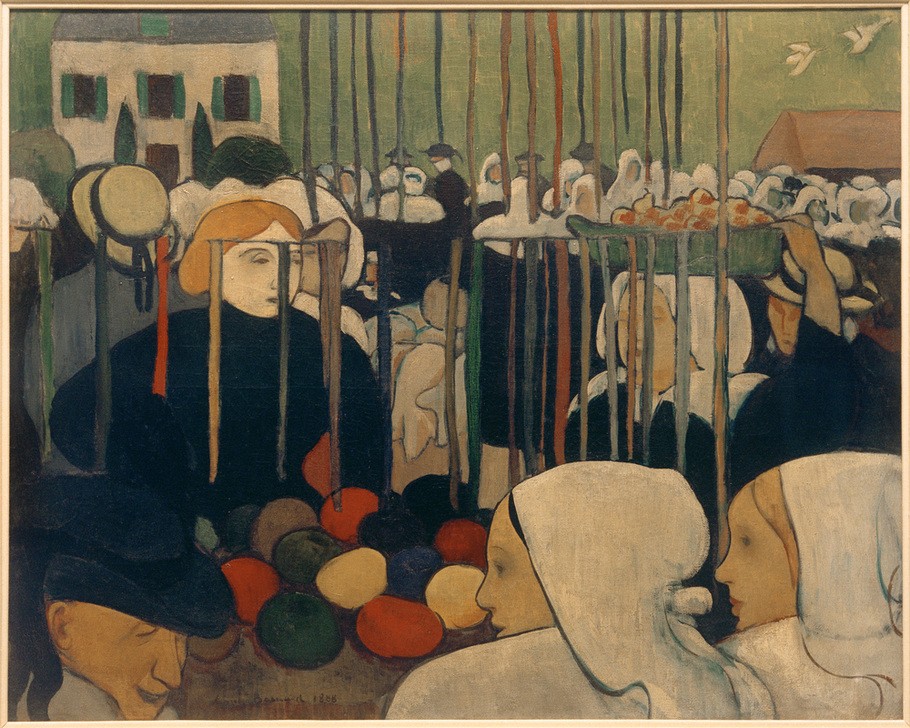 Emile Bernard, Die Bänderverkäuferin (Arbeit,Beruf,Damenmode,Frau Und Beruf,Frau,Handarbeit,Handel,Kunst,Markt,Marktplatz,Mensch,Mode,Szene,Textilhandel,Textil,Wirtschaft (Ökonomie),Verkäuferin,Französische Kunst,Menschenmenge,Im Freien (Allgemein),Verkauf,Frauenleben,Marktstand,Wollknäuel,Ku)