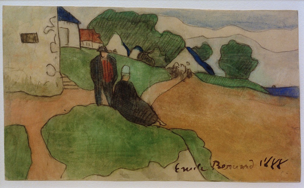 Emile Bernard, Bretonisches Dorf (Dorf, Männer, Landschaft, Landschaftsmalerei, Frankreich,  Französische Kunst, Schule von Pont-Aven, Malerei, Cloisonismus, Wohnzimmer, Wunschgröße, bunt,)