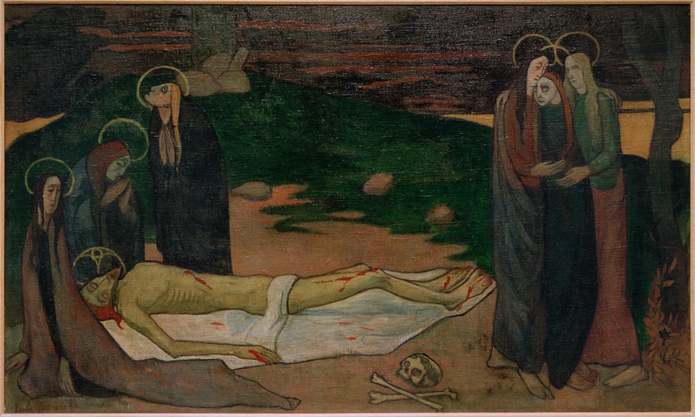Emile Bernard, Beweinung Christi (Blut,Christentum,Frau,Gebet,Kunst,Landschaft,Leiche,Mann,Religion,Trauer,Neues Testament,Bibel,Apostel,Totenklage,Weinen,Christi Beweinung,Totenkopf,Französische Kunst,Passion Christi,Heiligenschein,Leichentuch,Wundmale,Cloisonismus,Schule Von Pont-Aven,S)