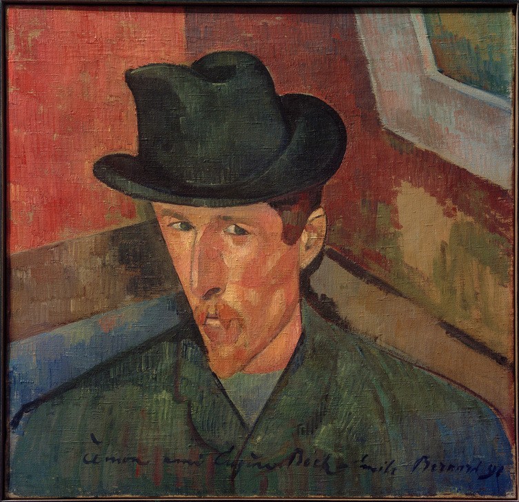 Emile Bernard, Porträt Eugène Boch (Herrenhut,Herrenmode,Dichter,Kopfbedeckung,Künstler,Kunst,Literatur,Maler (Künstler),Mann,Mode,Bart,Hut,Schnurrbart,Portrait,Französische Kunst,Widmung,Kleidung (Allgemein),Kopf,Blick Aus Dem Bild,Halbprofil,Schule Von Pont-Aven,Mehrfachbegabung,Person,Le)