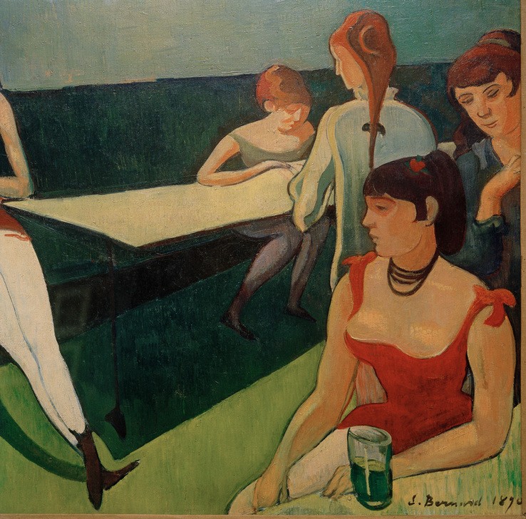 Emile Bernard, Ein Bordell (Ausschnitt) (Damenmode,Erotik,Kurtisane,Frau,Gesellschaft,Katze (Tier),Kunst,Mensch,Mode,Prostitution,Soziales,Tisch,Prostituierte,Portrait,Langeweile,Französische Kunst,Kleid,Sexualität,Warten,Kleidung (Allgemein),Frauenleben,Bordell,Tier,Sitzen,Junge Frau,Cloisonism)