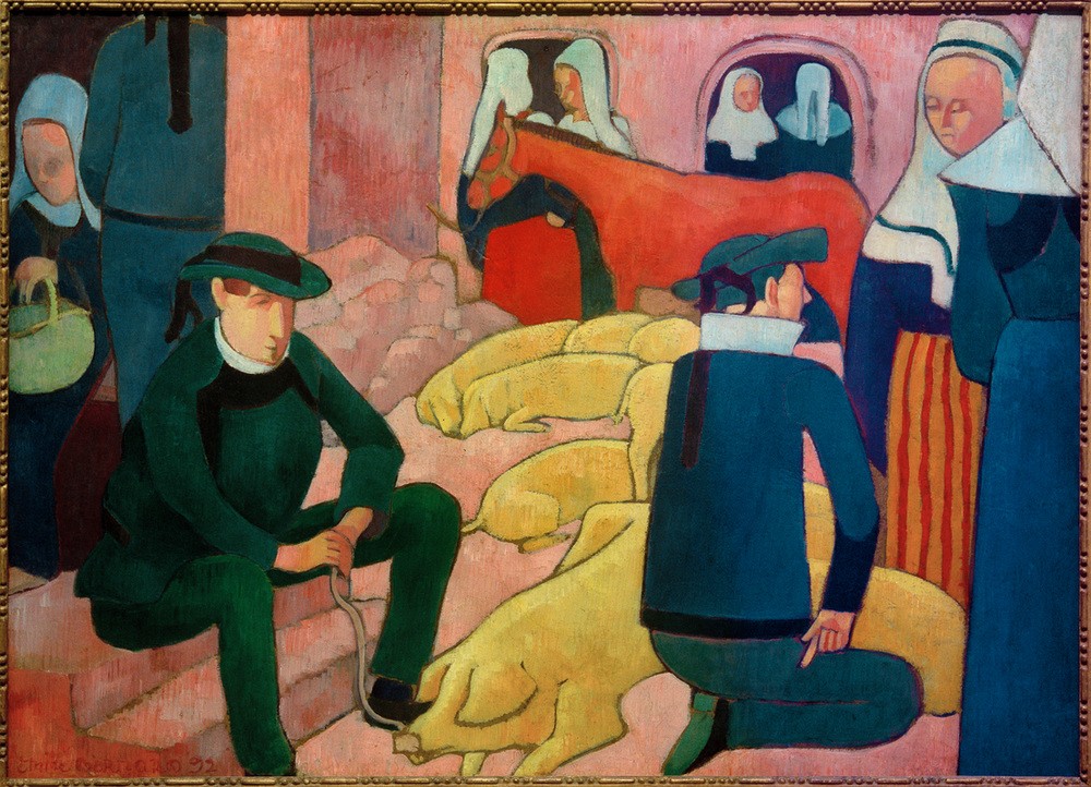 Emile Bernard, Der Schweinemarkt (Bauer (Landwirt),Frau,Handel,Kopfbedeckung,Kunst,Mann,Markt,Mensch,Pferd (Tier),Schwein,Tierhandel,Tracht,Volkskunde,Wirtschaft (Ökonomie),Zoologie,Handel Und Gewerbe,Hut,Bäuerin,Haube,Französische Kunst,Tierleben,Kunde,Kleidung (Allgemein),Verkauf,Tier,H)
