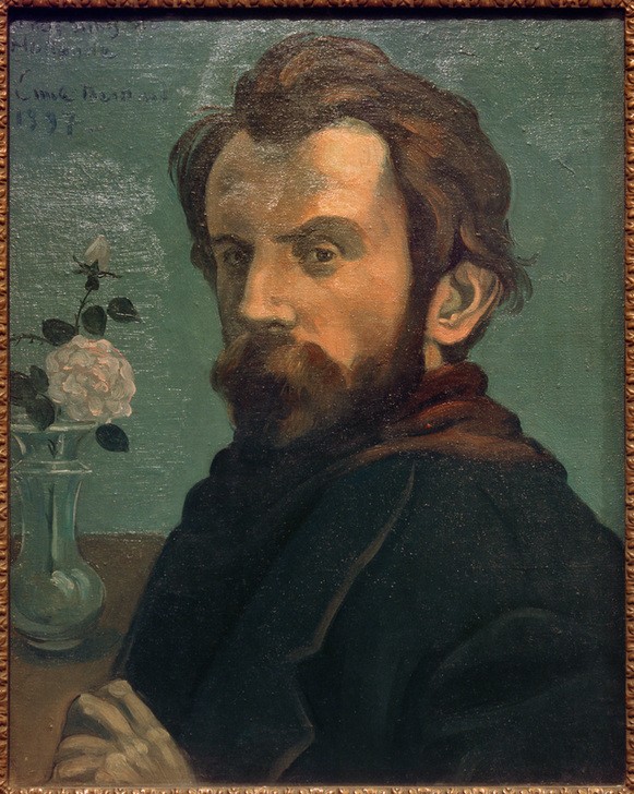 Emile Bernard, Selbstbildnis mit Blumenvase (Glas,Handschrift,Herrenmode,Künstler,Kunst,Maler (Künstler),Mann,Mode,Rose,Bart,Selbstbildnis,Schal,Portrait,Vase,Französische Kunst,Widmung,Vollbart,Kleidung (Allgemein),Blume,Jacke,Jahrhundertwende,Schreibschrift,Blick Aus Dem Bild,Brustbild,Braune Haar)