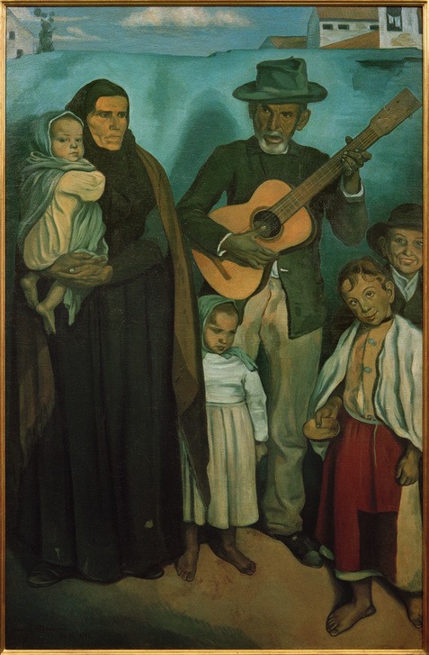 Emile Bernard, Spanische Bettler (Armut,Eltern Mit Kind,Familie,Frau,Gesellschaft,Gruppenbild,Gitarre,Haus,Herrenhut,Kind,Kopfbedeckung,Kunst,Mädchen,Mann,Mensch,Musiker,Musik,Saiteninstrument,Soziales,Volkskunde,Hut,Instrument,Strassenmusikant,Kleinkind,Portrait,Gitarrist,Schielen,Franzö)