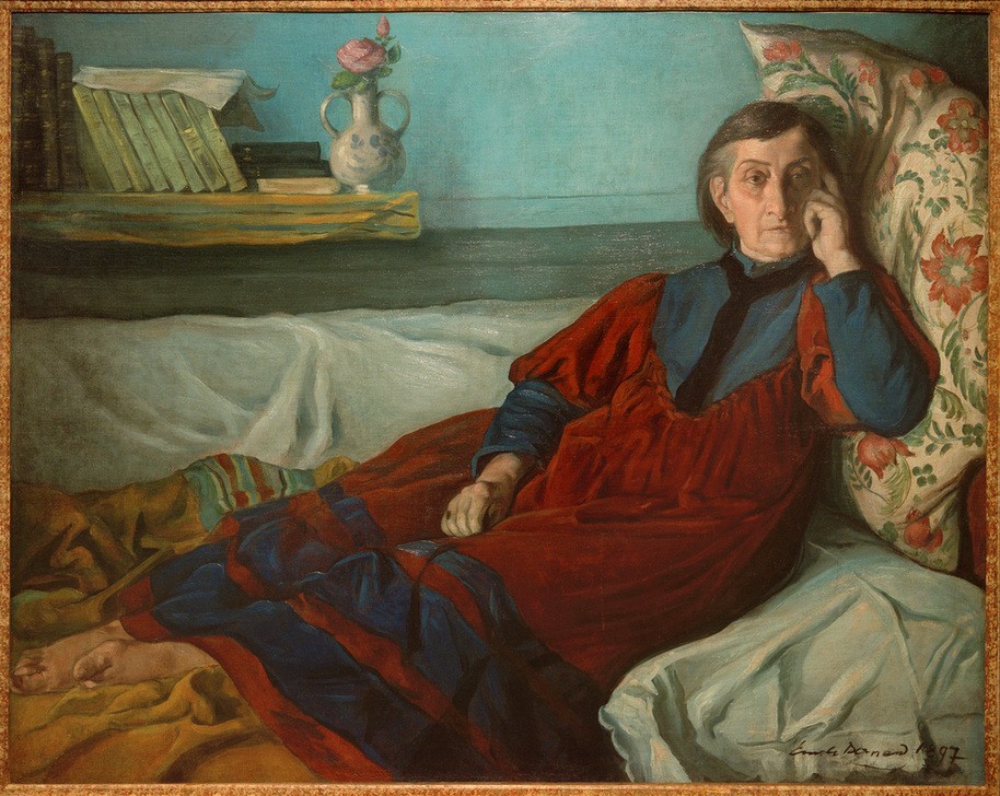Emile Bernard, Mademoiselle Coste (Lehrerin,Buch,Damenmode,Frau,Kunst,Literatur,Mensch,Mode,Rose,Textil,Volkskunde,Realismus,Pädagogin,Portrait,Kissen,Vase,Sofa,Alleinstehende,Französische Kunst,Kleid,Lässigkeit,Kleidung (Allgemein),Wandregal,Blume,Bücherregal,Jahrhundertwende,Alte Frau,Li)