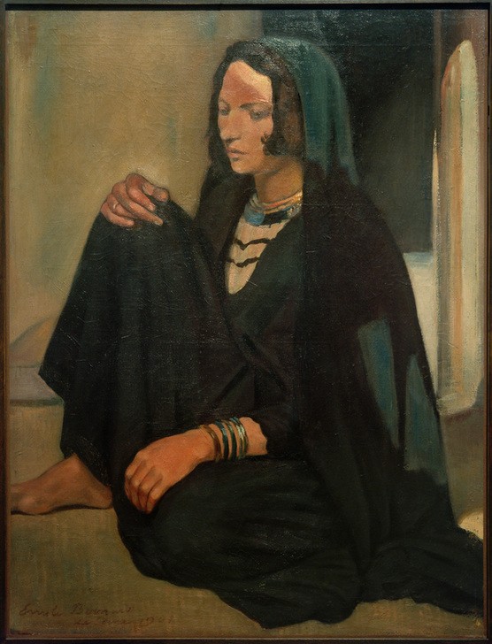 Emile Bernard, Schatten und Licht (Frau,Kopfbedeckung,Kunst,Mensch,Schmuck,Tracht,Völkerkunde,Schleier,Orientalismus,Portrait,Armreif,Helldunkel,Französische Kunst,Barfuss,Exotik,Kleidung (Allgemein),Frau Im Islam,Sitzen,Licht Und Schatten,Jahrhundertwende,Junge Frau,Schwarz,Ganzfigurig,Sc)