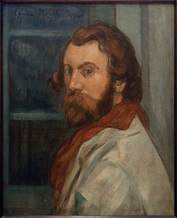 Emile Bernard, Selbstbildnis Emile Bernard, 1901 (Fenster,Grafiker,Herrenmode,Dichter,Künstler,Kunst,Literatur,Maler (Künstler),Mann,Mode,Schriftsteller,Bart,Halstuch,Selbstbildnis,Portrait,Französische Kunst,Gedicht,Vollbart,Kleidung (Allgemein),Jahrhundertwende,Braun,Inschrift,Blick Aus Dem Bild,Brustb)