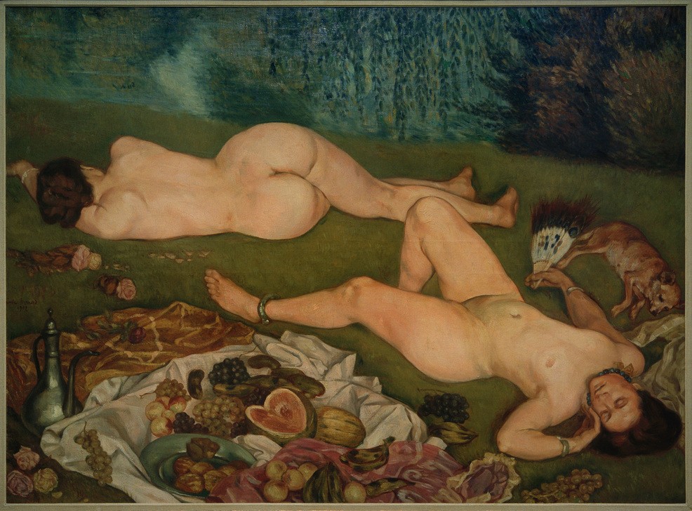 Emile Bernard, Zwei Akte (Ausflug,Erotik,Essen Und Trinken,Fächer,Frau,Früchte,Gewässer,Kanne,Kunst,Landschaft,Mensch,Obst,Picknick,Rast,Freizeit,Rose,Schmuck,Textil,Nahrungsmittel,Hund,Akt,Po (Gesäss),Stillleben,Portrait,Schale (Gefäss),Armreif,Wiese,Mittagsschlaf,Teller,Rückenak)