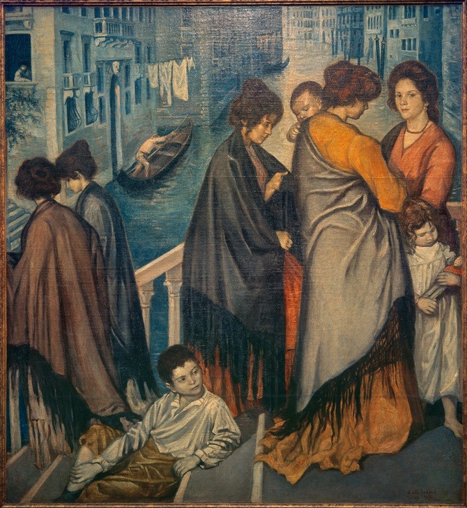 Emile Bernard, Auf einer Brücke in Venedig (Baby,Architektur,Boot,Brücke,Damenmode,Frau,Gruppenbild,Haus,Kanal,Kind,Kunst,Mädchen,Mensch,Mode,Mutter Und Kind,Freizeit,Schiff,Stadt,Volkskunde,Wohnhaus (Allgemein),Treppe,Gondel,Kleinkind,Portrait,Rückenfigur,Schultertuch,Stadtansicht,Architekturdarst)