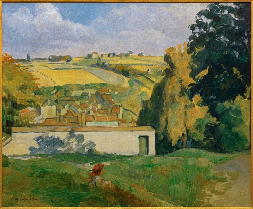 Emile Bernard, Blick von einer Anhöhe auf Tonnerre (Architektur,Geographie,Haus,Himmel (Natur),Jahreszeiten,Kunst,Landschaft,Mensch,Meteorologie,Sommer,Stadt,Teilansicht,Wetter,Wohnhaus (Allgemein),Wolke,Baum,Wiese,Vedute,Rückenfigur,Stadtansicht,Architekturdarstellung,Französische Kunst,Feld,Hügel,Ansicht)