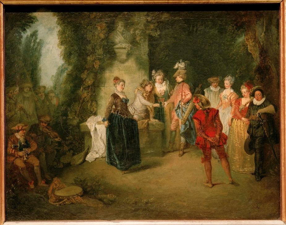 Jean-Antoine Watteau, Die französische Komödie (Commedia Dell'arte,Frau,Jäger,Kunst,Landschaft,Liebe,Liebespaar,Mann,Musik,Schauspielerin,Schauspieler,Tänzer,Tänzerin,Szene,Tanz,Theaterdirektor,Theater,Instrument,Rokoko,Kostüm (Verkleidung),Bühne,Komödie,Pierrot,Französische Kunst,Schauspiel,Tambourin,)