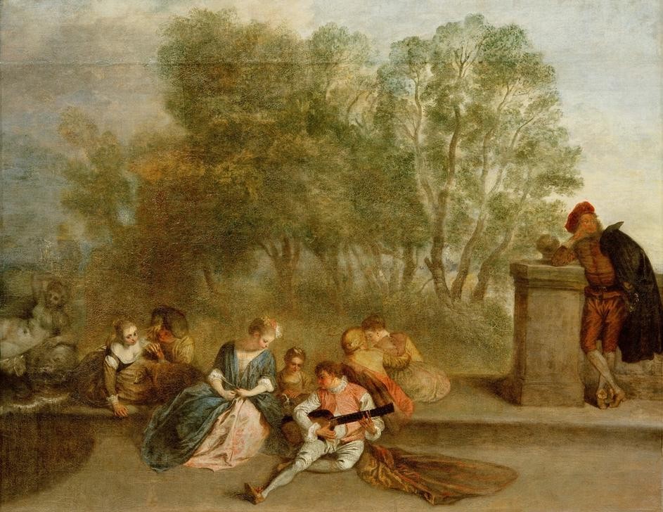 Jean-Antoine Watteau, Belustigung im Freien (Commedia Dell'arte,Flirt,Garten Und Park,Gesellschaft,Gitarre,Jugend (Lebensalter),Kunst,Landschaft,Liebe,Liebespaar,Mädchen,Mann,Menschen Im Park,Musik,Park,Freizeit,Schauspielerin,Schauspieler,Theater,Brunnen,Instrument,Rokoko,Baum,Gitarrist,Komödie,Lie)