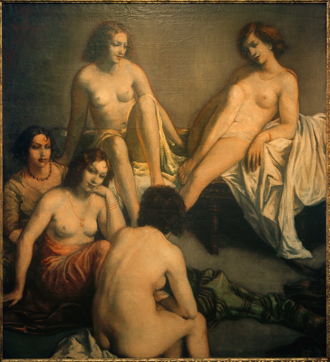 Emile Bernard, Im Bordell (Erotik,Frau,Gesellschaft,Gruppenbild,Kunst,Mensch,Bank (Sitzgelegenheit),Prostitution,Soziales,Textil,Akt,Prostituierte,Portrait,Rückenakt,Rückenfigur,Französische Kunst,Nacktheit,Sexualität,Frauenleben,Bordell,Sitzen,Junge Frau,Ganzfigurig,Faltenwurf,Bet)