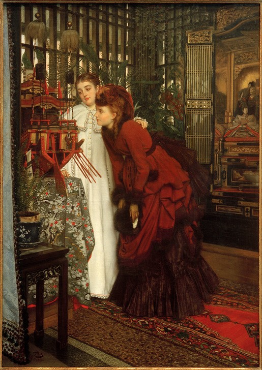 James Tissot (Jacques-Joseph), Junge Frauen beim Betrachten (Ausstellung,Damenhut,Damenmode,Frau,Handel,Kopfbedeckung,Kunstausstellung,Kunst,Mantel,Mensch,Mode,Möbel,Pavillon,Schiff,Teppich,Textil,Hut,Tisch,Muff,Tischtuch,Neugier,Laden,Interieur,Vase,Topfpflanze,Farn,Französische Kunst,Schrein,Kleid,Exotik,Japanmod)