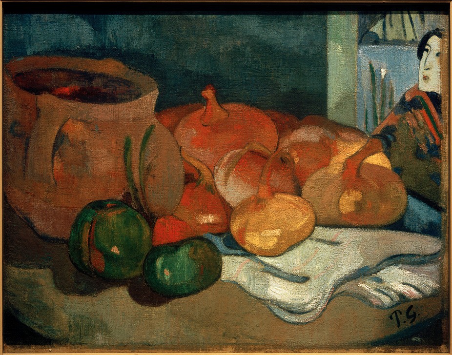 Paul Gauguin, Stillleben mit Zwiebeln (Asiatische Kunst,Essen Und Trinken,Gemüse,Kunst,Mensch,Textil,Japanische Kunst,Nahrungsmittel,Bild Im Bild,Stillleben,Portrait,Französische Kunst,Zwiebel,Gefäss,Japanmode,Synthetismus,Küchenstillleben,Tuch,Krug,Signatur)