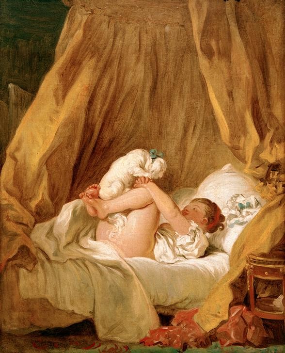 Jean-Honoré Fragonard, Mädchen mit Hund (Bett, junge Frau, üppig, Erotik, Mädchen,  Hund, Akt, Busen, Rokoko, Fütterung, Vorhang, Sexualität, Zoophilie,   Wohnzimmer, Rokoko, Malerei, Wunschgröße  Klassiker, bunt)