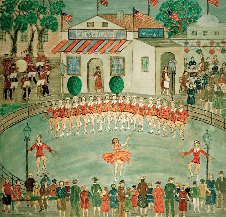 Charles Prendergast, Skaters at the World’s Fair (Ausstellungsgelände,Eiskunstlauf,Eislauf,Eisrevue,Laterne,Musik,Sport,Weltausstellung,Wintersport,Revue (Musiktheater),Amerikanische Kunst,Us-Amerikanische Kunst,Eisbahn,Zuschauer,Musikkapelle)