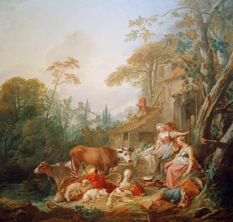 Francois Boucher, Ländliche Idylle (Bauer (Landwirt),Bauernhaus,Familie,Frau,Kind,Kunst,Landschaft,Liebespaar,Mann,Mensch,Manufaktur,Rind,Hütte,Rokoko,Kleinkind,Pastorale,Kochen,Bäuerin,Genre,Französische Kunst,Gobelinmanufaktur,Idylle,Entwurf,Magd,Familienleben,Landleben,Tier,Landbevölkeru)