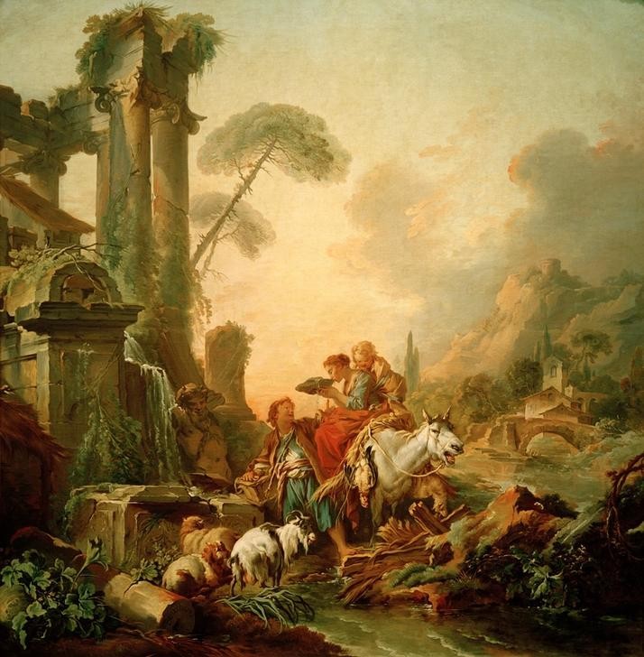 Francois Boucher, Rast am Brunnen (Architektur,Brücke,Dorf,Frau,Gebirge,Kind,Kunst,Landschaft,Mann,Mensch,Mutter Und Kind,Manufaktur,Rast,Freizeit,Ruine,Brunnen,Säule,Hut,Ziege,Trinken,Fluss,Rokoko,Esel,Durst,Reise,Pastorale,Genre,Französische Kunst,Gobelinmanufaktur,Entwurf,Landleben,Tier)