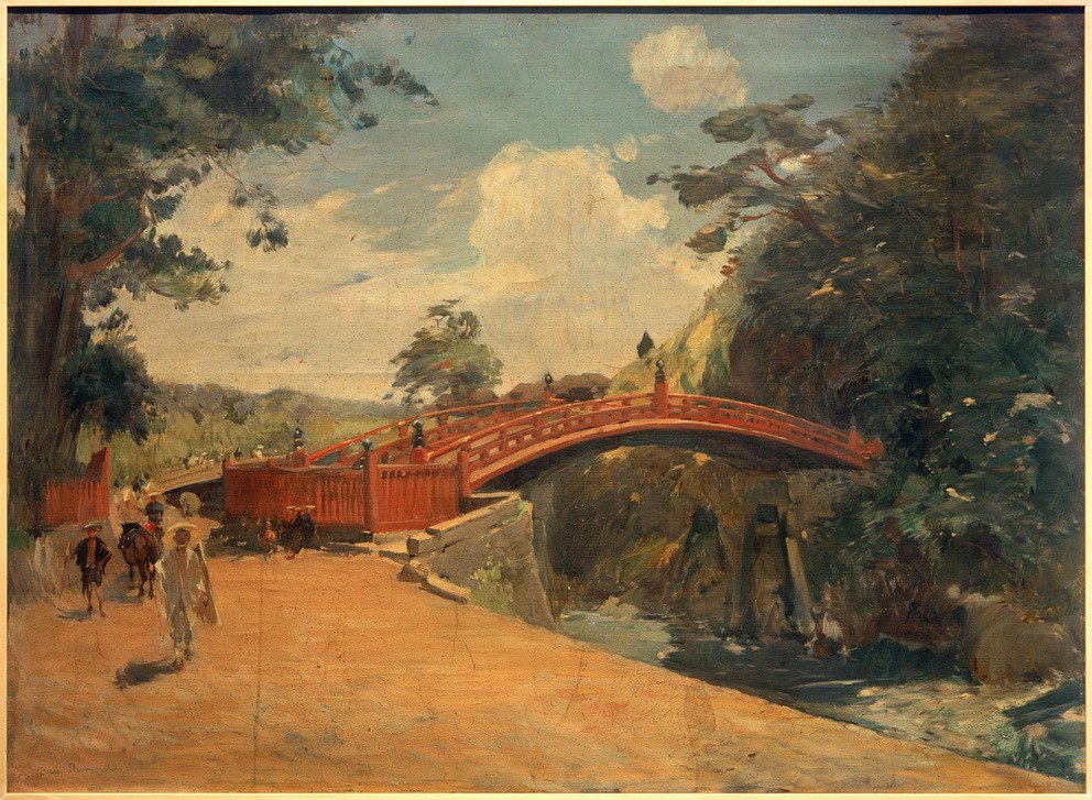 Louis Dumoulin, Heilige Brücke in Nikkô (Architektur,Brücke,Geographie,Himmel (Natur),Kunst,Landschaft,Mensch,Meteorologie,Wetter,Wolke,Impressionismus,Fluss,Architekturdarstellung,Französische Kunst,Ufer,Ansicht,Topographie,Signatur)