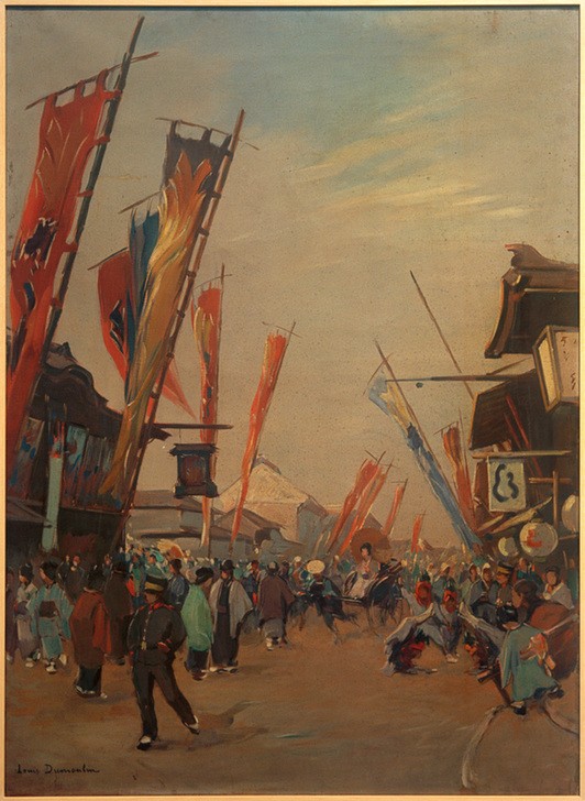 Louis Dumoulin, Theaterviertel in Yokohama (Architektur,Flagge,Geographie,Kunst,Mensch,Stadt,Strasse (Allgemein),Strassenszene,Teilansicht,Theater,Völkerkunde,Impressionismus,Stadtansicht,Architekturdarstellung,Französische Kunst,Fussgänger,Ansicht,Topographie,Stadtleben,Gebäude,Bezirke,Land Und Le)