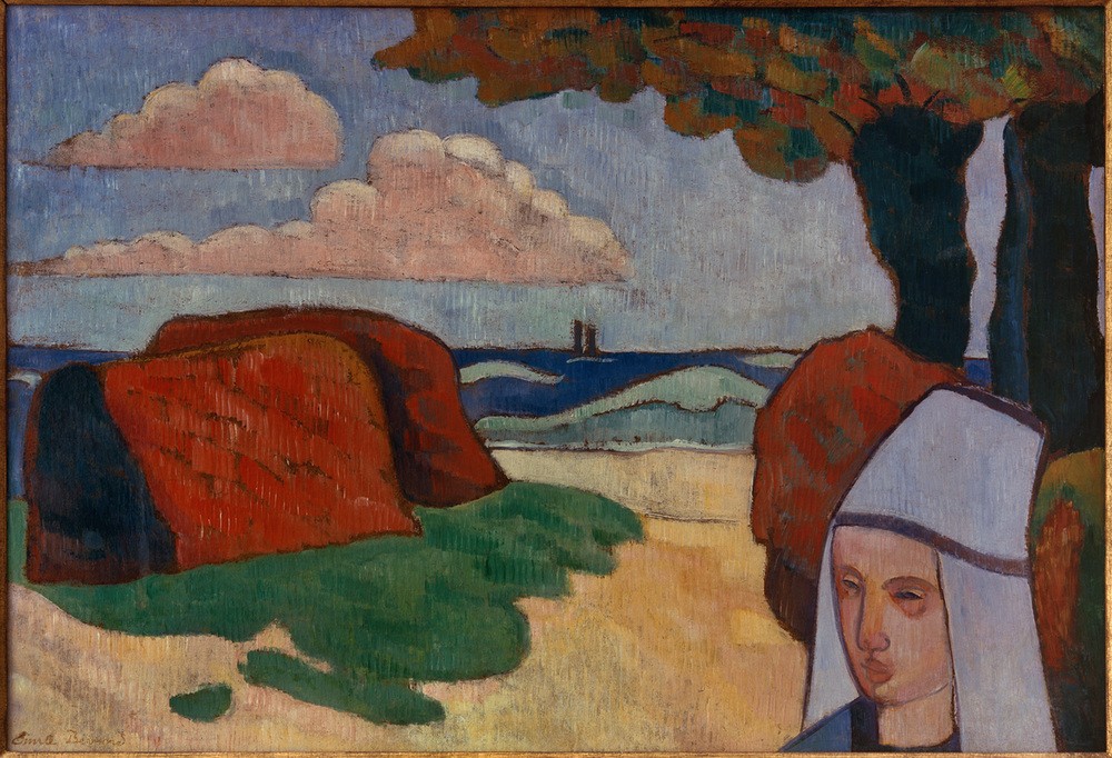 Emile Bernard, Die Woge (Frau,Himmel (Natur),Kopfbedeckung,Küste,Kunst,Landschaft,Mensch,Meteorologie,Strand,Tracht,Volkskunde,Wetter,Wolke,Meer,Portrait,Baum,Haube,Felsen,Französische Kunst,Ufer,Kleidung (Allgemein),Welle,Kopf,Halbprofil,Schule Von Pont-Aven,Land Und Leute,Signa)