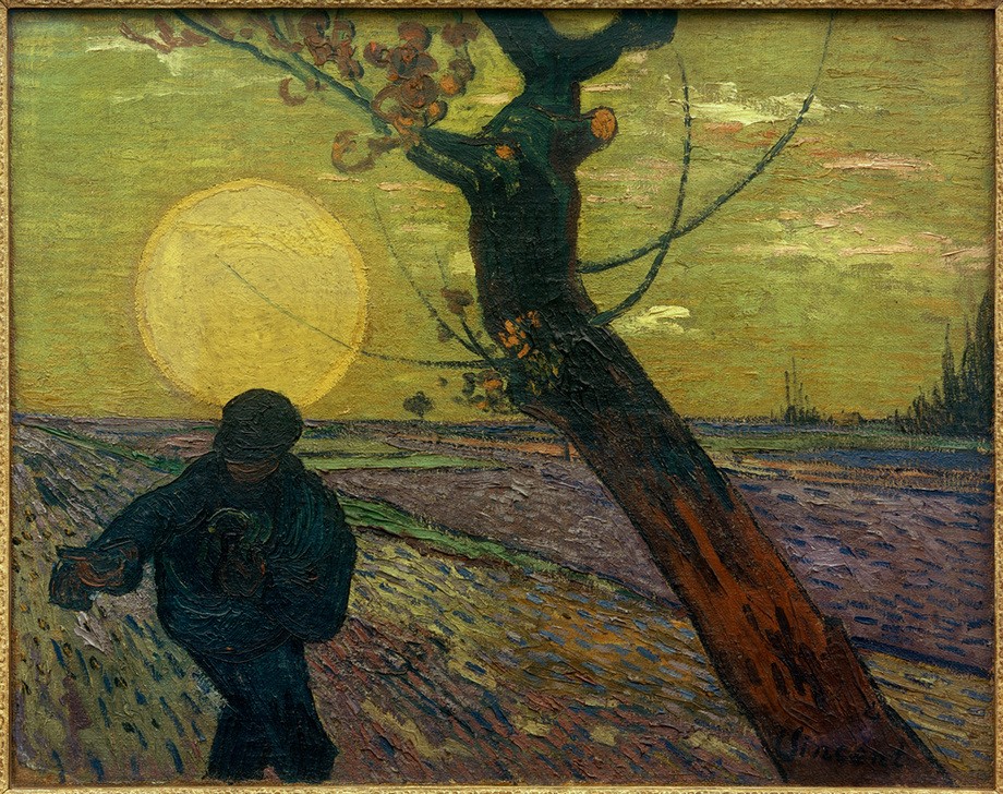 Vincent van Gogh, Sämann bei Sonnenuntergang (Ackerbau,Arbeit,Bauer (Landwirt),Kunst,Landschaft,Mann,Mensch,Sonnenuntergang,Sonne,Tageszeiten,Abend,Impressionismus,Baum,Acker,Niederländische Kunst,Feld,Sämann,Holländische Kunst,Landleben,Gegenlicht,Landbevölkerung,Landarbeit,Baumstamm,Säen,Feldarbeit)