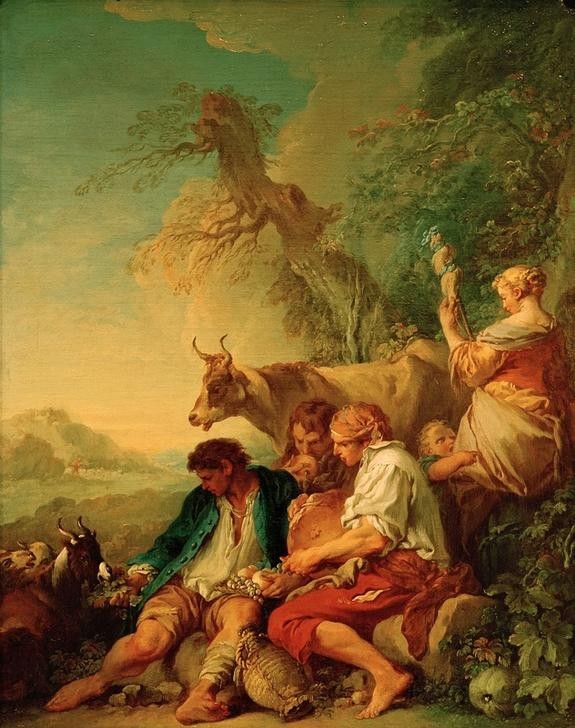 Francois Boucher, Hirten mit Vieh in einer Landschaft (Bauer (Landwirt),Brot,Essen Und Trinken,Frau,Früchte,Handarbeit,Kunst,Landschaft,Mann,Mensch,Mutter Und Kind,Obst,Rast,Rind,Spinnen,Hirte,Ziege,Nahrungsmittel,Rokoko,Pastorale,Flasche,Genre,Französische Kunst,Fütterung,Landleben,Korbflasche,Tier,Landbevöl)