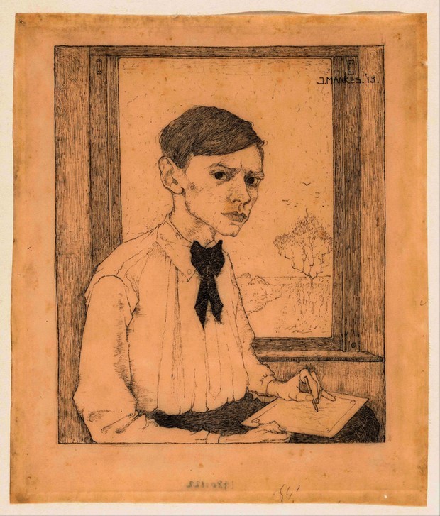Jan Mankes, Selbstporträt, drei Viertel nach rechts, beim Zeichnen vor dem Fenster (Künstler,Selbstbildnis,Künstler Bei Der Arbeit,Portrait,Zeichnen,Niederländische Kunst,Tinte,Kugelschreiber)