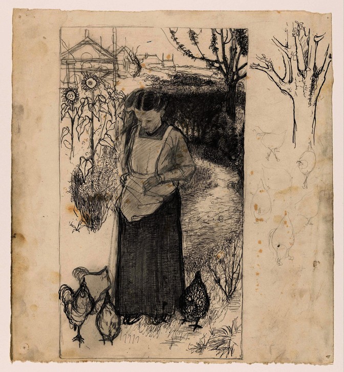Jan Mankes, Annie Mankes-Zernike beim Hühner füttern, rechts: Studien eines Baumes und von Hühnern (Huhn,Kind,Tochter,Kreide,Niederländische Kunst,Papier,Tinte,Kugelschreiber,Landleben,Bleistift)