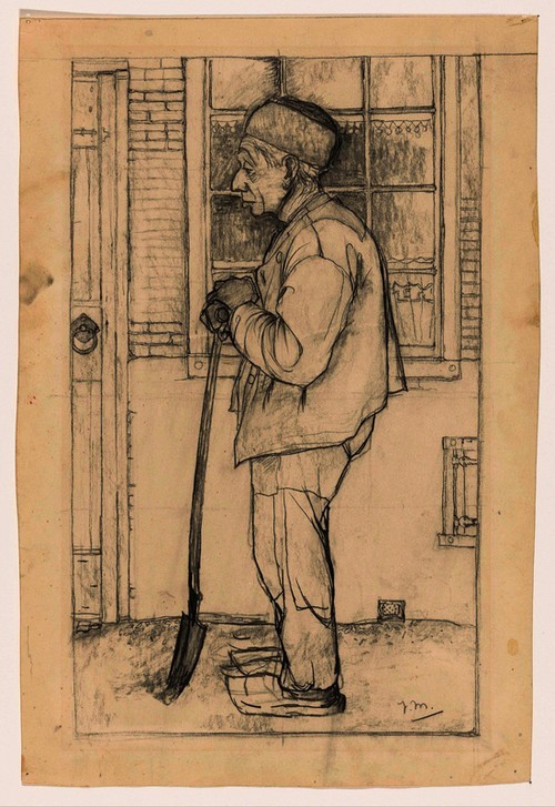 Jan Mankes, Douwe im Profil, mit einem Spaten vor einem Haus stehend (Mann,Portrait,Kreide,Niederländische Kunst,Papier,Landleben,Alter Mann,Ganzfigurig)