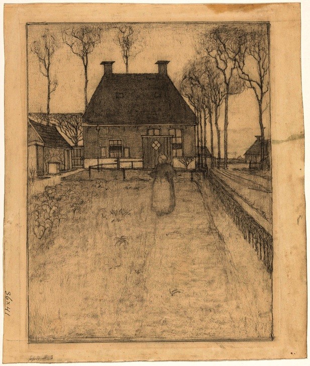Jan Mankes, Elternhaus in Knijpe (Bauernhaus,Villa,Architekturdarstellung,Kreide,Niederländische Kunst,Papier,Bleistift,Cottage)