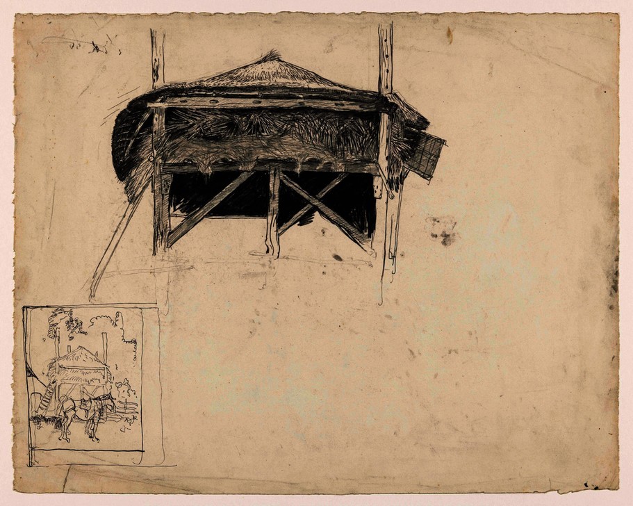Jan Mankes, Studie eines Heuhaufens, unten links: Skizze eines Pferdes vor einem Heuhaufen. (Heu,Studie,Kreide,Niederländische Kunst,Papier,Tinte,Kugelschreiber,Bleistift,Skizze,Studie,Entwurf)
