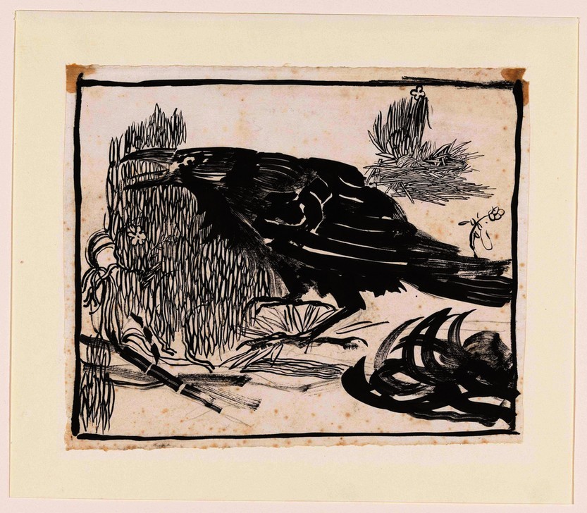 Jan Mankes, Schreiende Krähe, nach links (Vogel,Rabe,Krähe,Kreide,Niederländische Kunst,Bürste,Papier,Tinte,Kugelschreiber)