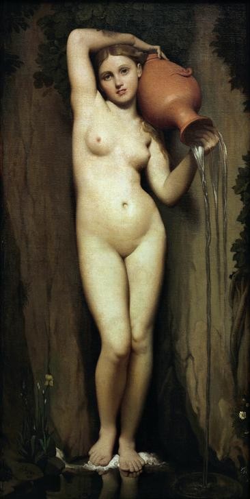 JEAN-AUGUSTE-DOMINIQUE INGRES, La Source (Elemente,Frau,Mythologie,Wasser,Nymphe,Klassizismus,Akt,Allegorie,Quelle,Französische Kunst,Ganzfigurig,Griechisch-Römische Mythologie,Krug)