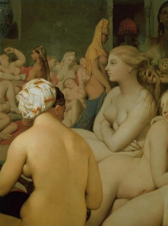 JEAN-AUGUSTE-DOMINIQUE INGRES, Le Bain turc (Körperpflege,Bad,Erotik,Frau,Kunst,Völkerkunde,Klassizismus,Lesbische Liebe,Orientalismus,Harem,Tondo,Rückenakt,Französische Kunst,Türkisches Bad,Odaliske,Erotische Kunst,Nacktheit,Zärtlichkeit,Laszivität,Hamam,Duftgefäss,Frauenleben,Nichtstun,Männerphant)