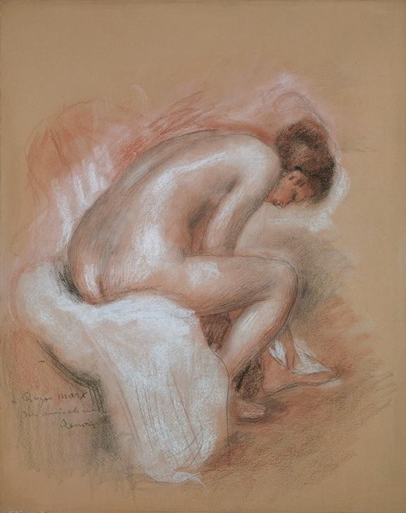 Pierre-Auguste Renoir, Die Toilette (Körperpflege,Bad,Frau,Kunst,Maler (Künstler),Morgentoilette,Toilette (Körperpflege),Impressionismus,Akt,Rückenfigur,Französische Kunst,Handtuch,Abtrocknen,Privatsammlung,Bücken)