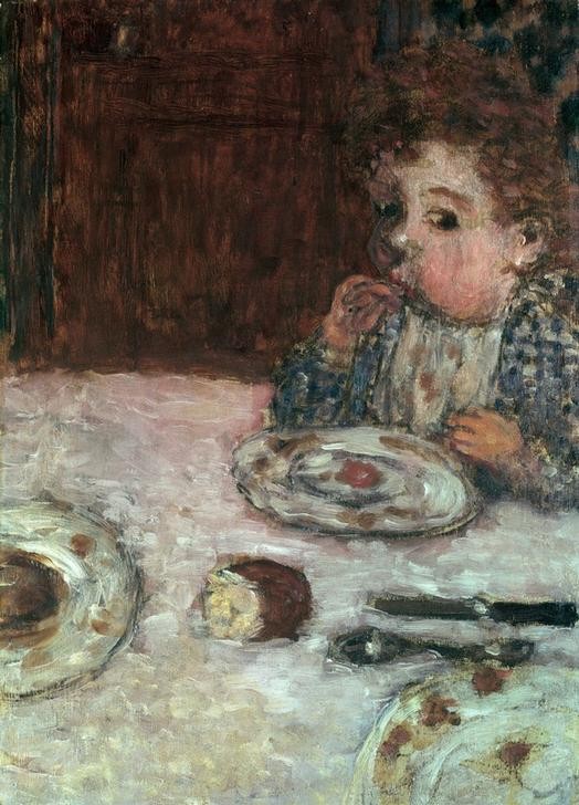 Pierre Bonnard, Kind beim Frühstück (Essen Und Trinken,Kind,Kunst,Tafelsitten,Frühstück,Kleinkind,Französische Kunst,Kinderleben,Nabis,Gedeckter Tisch,Locke,Pausbacken,Lätzchen)