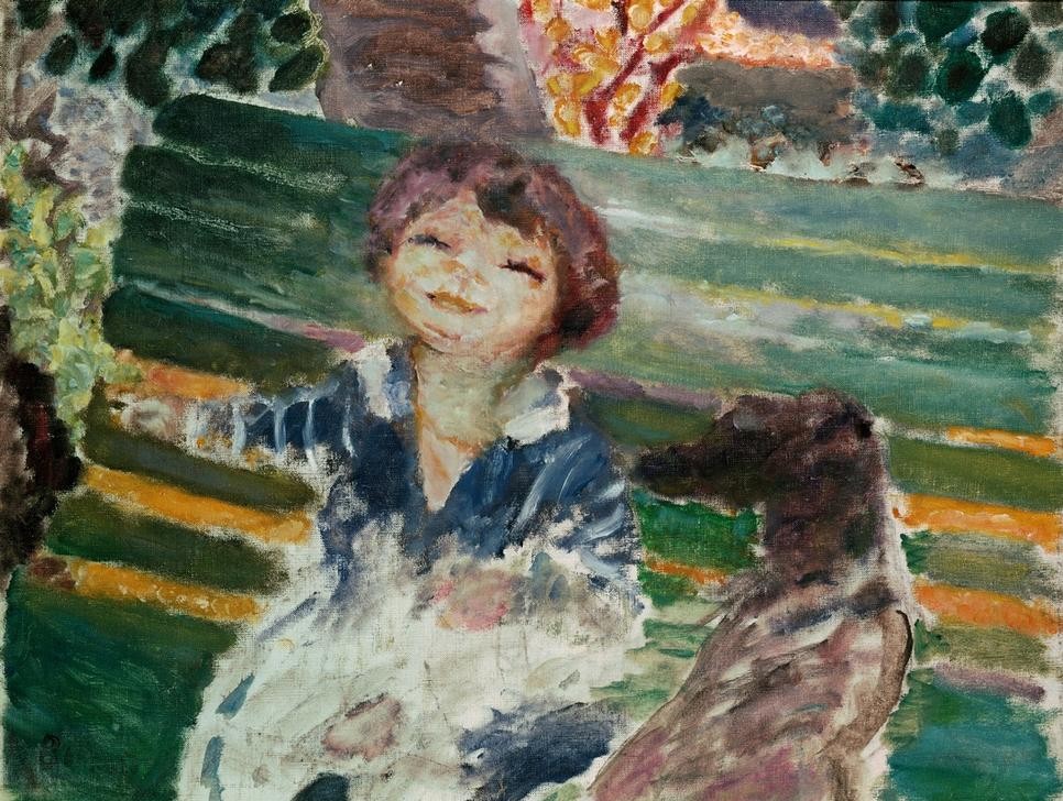 Pierre Bonnard, Kleines Mädchen mit Hund (Kind,Kunst,Mädchen,Bank (Sitzgelegenheit),Hund,Lachen,Freude,Kind Und Tier,Tierliebe,Französische Kunst,Im Freien (Allgemein),Kinderleben,Tier,Mensch Und Tier)