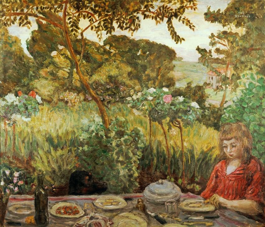 Pierre Bonnard, Fin de repas au jardin (Essen Und Trinken,Kind,Kunst,Mädchen,Impressionismus,Hund,Tisch,Stillleben,Kind Und Tier,Französische Kunst,Im Freien (Allgemein),Haustier,Menschen Im Garten,Kinderleben,Tier,Nabis,Gedeckter Tisch,Weinflasche,Essen Im Freien,Garten)