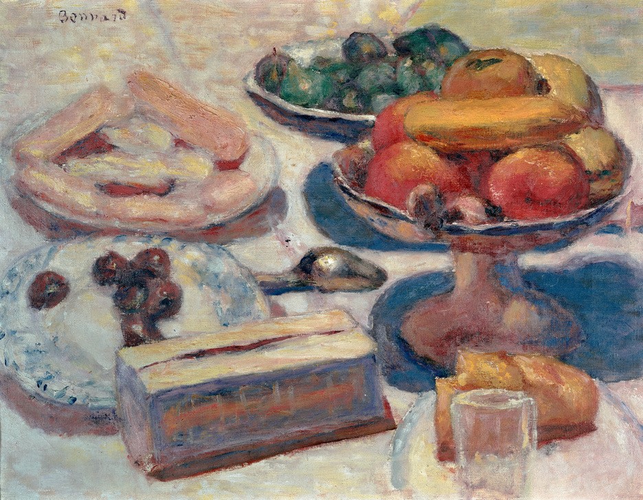 Pierre Bonnard, Stillleben mit Gebäck (Früchte,Kunst,Obst,Impressionismus,Nahrungsmittel,Stillleben,Kuchen,Französische Kunst,Obstschale,Dessert,Nabis,Gebäck,Obstteller,Süssigkeit,Süsswaren)