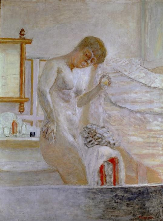 Pierre Bonnard, Nu debout à la toilette (Körperpflege,Bad,Frau,Kunst,Spiegel,Toilette (Körperpflege),Impressionismus,Akt,Französische Kunst,Badezimmer,Frauenleben,Nabis,Intimsphäre,Badewanne)