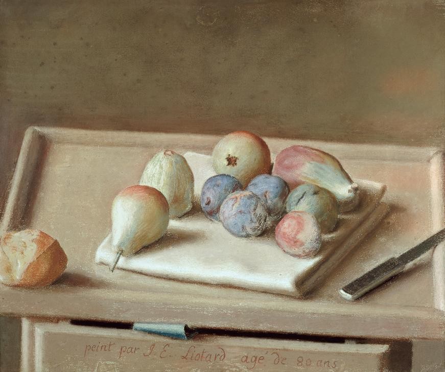 Jean-Étienne Liotard, Birnen, Feigen und Pflaumen (Früchte,Kunst,Obst,Pflaume,Feige,Rokoko,Stillleben,Französische Kunst,Birne)