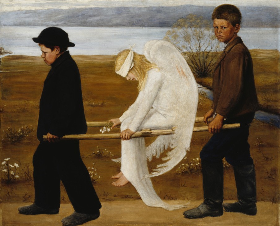 Unbekannt, Unbekannt  (Engel, verwundet, Augenbinde, Bahre, Kinder, Hugo Simberg, Symbolismus, Klassiker, Wunschgröße, Wohnzimmer)