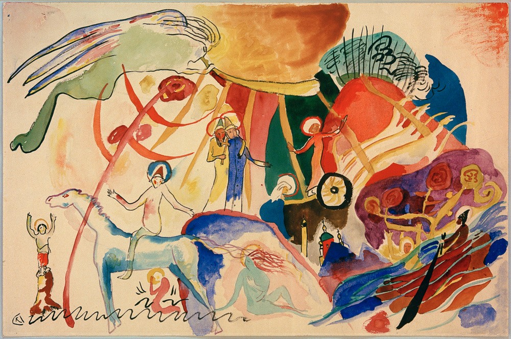 Wassily Kandinsky, Entwurf zu ""Allerheiligen II"""" (Bauhaus,Boot,Christentum,Feste,Gewässer,Heilige,Kalenderfeste,Katholische Kirche,Kunst,Landschaft,Mensch,Pferd (Tier),Religion,Ruderboot,Schiff,Sonne,Reiter,Expressionismus,Der Blaue Reiter,Abstrakte Kunst,Russische Kunst,Allerheiligen,Entwurf,Heiligensch)