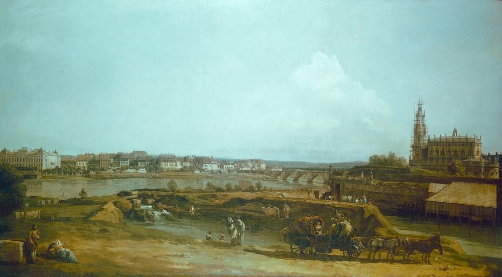 Bernardo Bellotto, Dresden vom linken Elbufer unterhalb der Festungswerke (Städte, Deutschland, Vedute, historisch, Fluss, Brücke, Elbe, historisch, Malerei, Wohnzimmer, Wunschgröße, Klassiker, bunt)