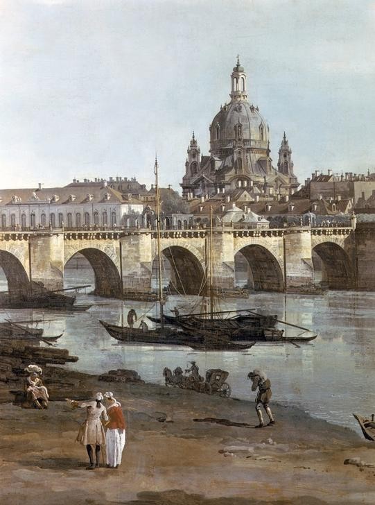 Bernardo Bellotto, Dresden vom rechten Elbufer unterhalb der Augustusbrücke (Städte, Dresden, Architektur, Gebäude, Frauenkirche, Brücke, Fluss, Elbe, Alltagsszene, historisch, Rokoko, Malerei, Wohnzimmer, Wunschgröße, Klassiker, bunt)