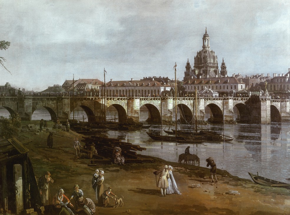 Bernardo Bellotto, Dresden vom rechten Elbufer unterhalb der Augustusbrücke (Städte, Dresden, Architektur, Gebäude, Frauenkirche, Brücke, Fluss, Elbe, Alltagsszene, historisch, Rokoko, Malerei, Wohnzimmer, Wunschgröße, Klassiker, bunt)