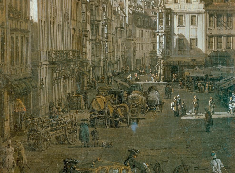Bernardo Bellotto, Der Altmarkt zu Dresden von der Seestraße aus (Städte, Dresden, Architektur, Gebäude, Marktplatz, Handel, Menschen, Fuhrwerk Alltagsszene, historisch, Rokoko, Malerei, Wohnzimmer, Wunschgröße, Klassiker, bunt)