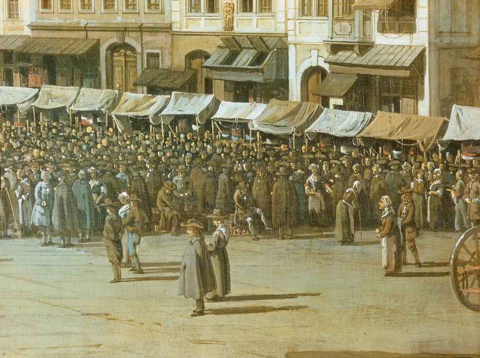 Bernardo Bellotto, Der Altmarkt zu Dresden von der Seestraße aus (Städte, Dresden, Architektur, Gebäude, Marktplatz, Handel, Menschen, Menge, Alltagsszene, historisch, Rokoko, Malerei, Detail, Wohnzimmer, Wunschgröße, Klassiker, bunt)